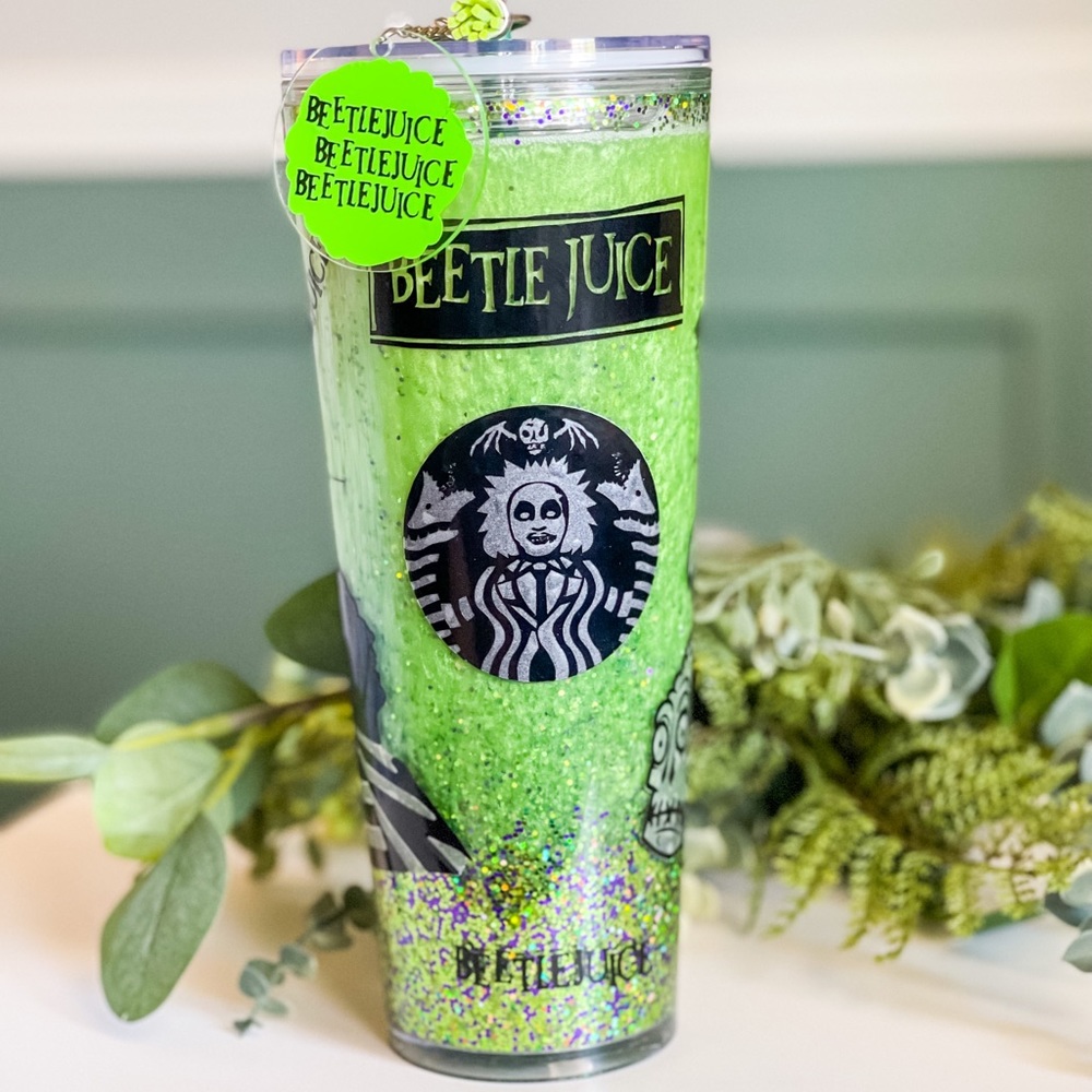Custom Starbucks Beetlejuice Halloween Tumbler 24oz Snowglobe Double Insulated